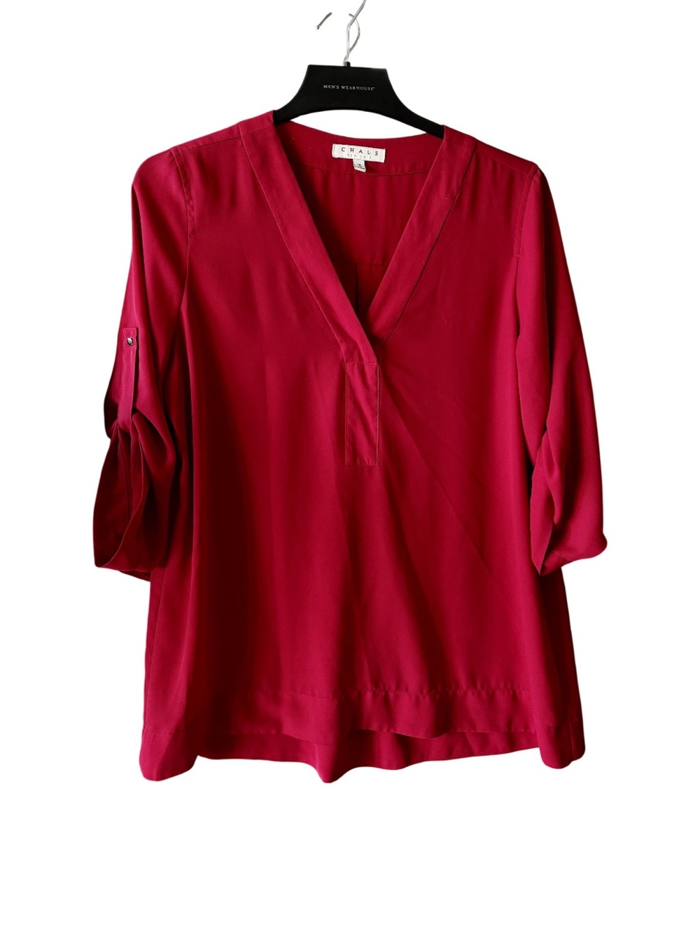 Chaus Red V-Neck Roll-Tab Blouse